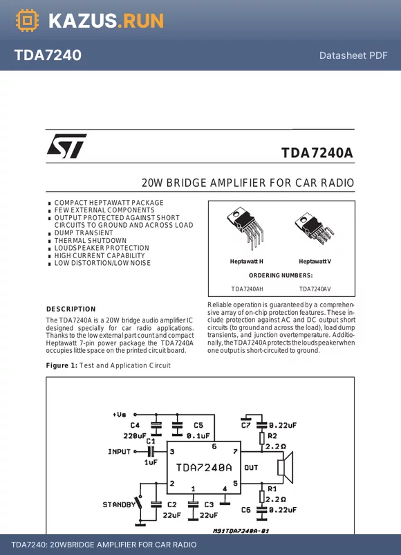 TDA7240A datasheet - 20WBRIDGE AMPLIFIER FOR CAR RADIO
