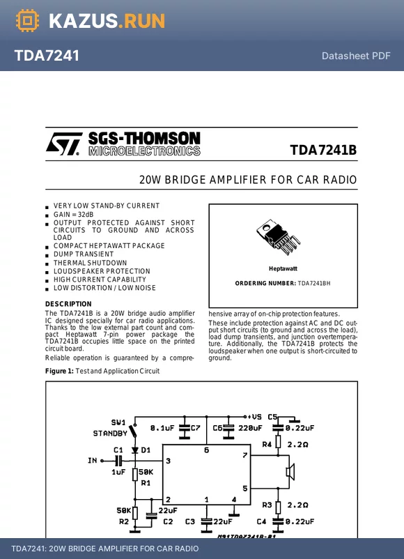 TDA7241 datasheet - 20W BRIDGE AMPLIFIER FOR CAR RADIO