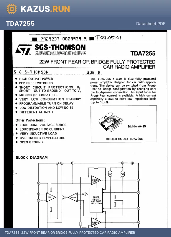 TDA7255 datasheet - 22W FRONT REAR OR BRIDGE FULLY PROTECTED CAR RADIO AMPLIFIER