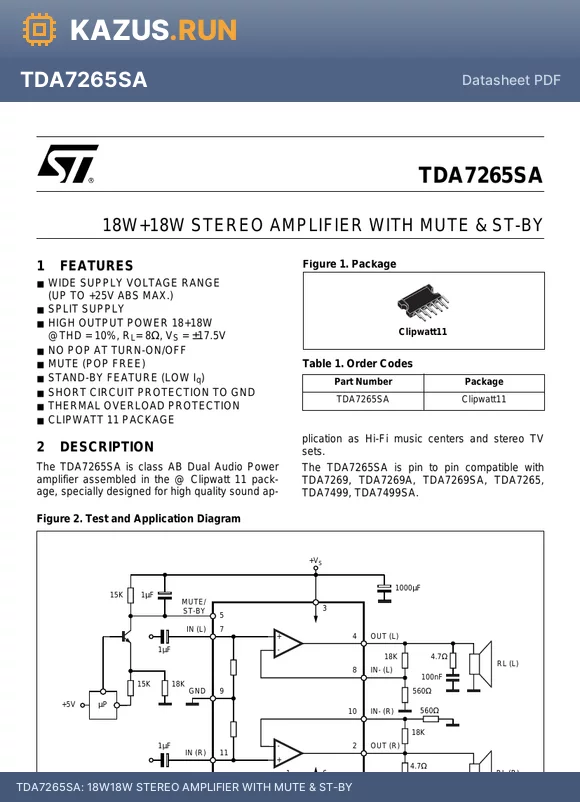 TDA7265SA datasheet - 18W18W STEREO AMPLIFIER WITH MUTE & ST-BY