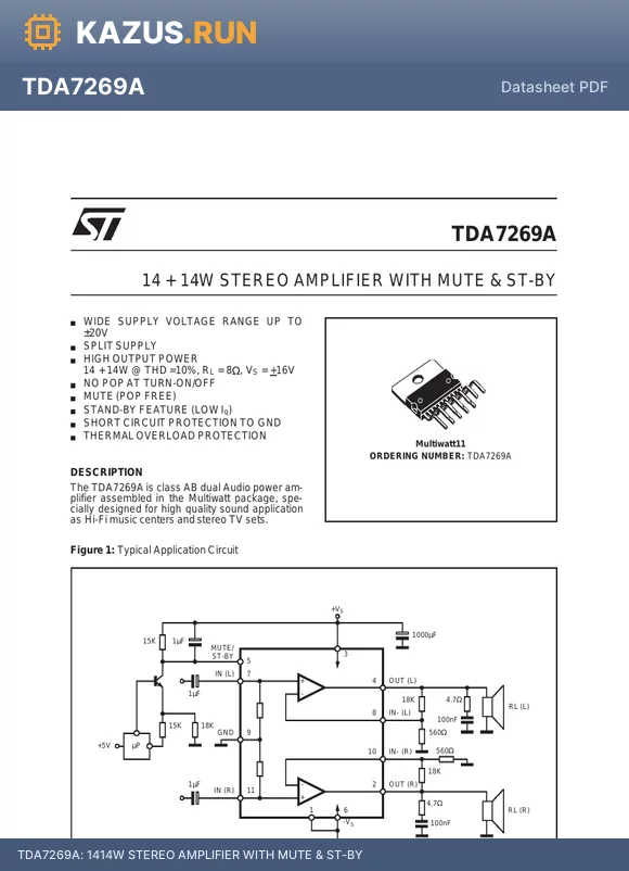 TDA7269A datasheet - 1414W STEREO AMPLIFIER WITH MUTE & ST-BY