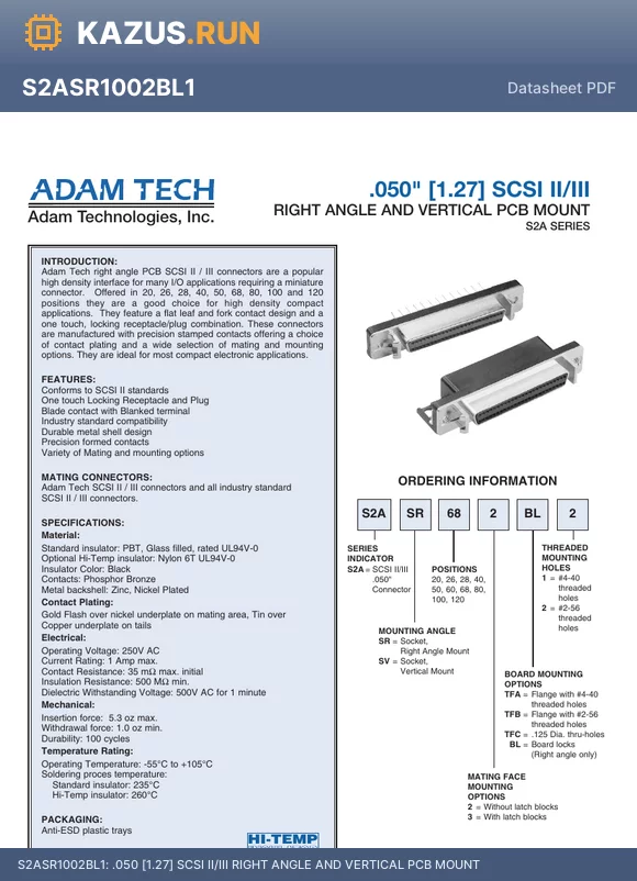 S2ASR1002TFB2 datasheet - .050 [1.27] SCSI II/III RIGHT ANGLE AND VERTICAL PCB MOUNT
