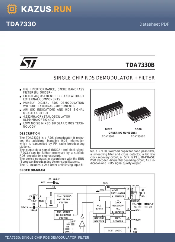 TDA7330B datasheet - SINGLE CHIP RDS DEMODULATOR  FILTER