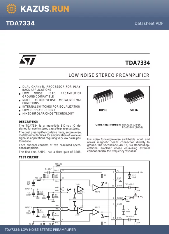 TDA7334 datasheet - LOW NOISE STEREO PREAMPLIFIER