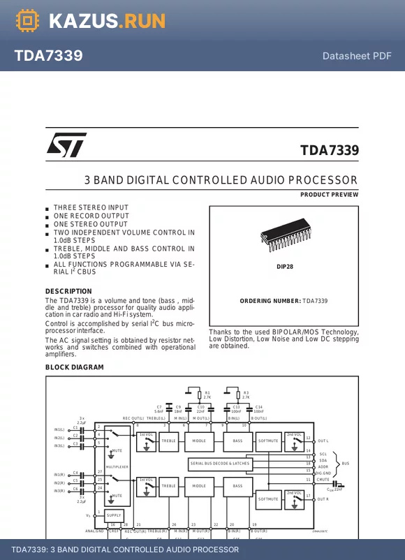 TDA7339 datasheet - 3 BAND DIGITAL CONTROLLED AUDIO PROCESSOR