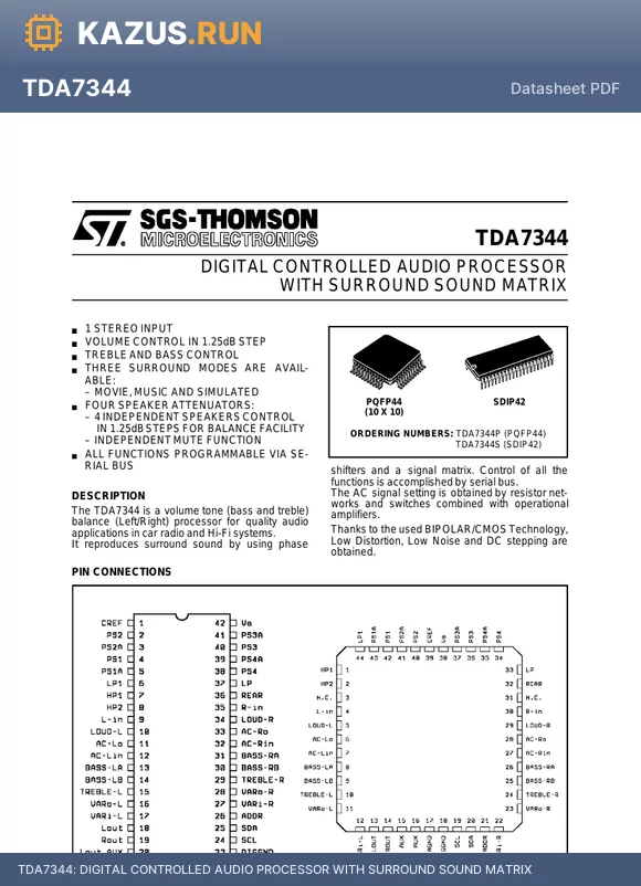 TDA7344P datasheet - DIGITAL CONTROLLED AUDIO PROCESSOR WITH SURROUND SOUND MATRIX
