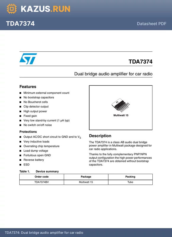 TDA7374 datasheet - Dual bridge audio amplifier for car radio