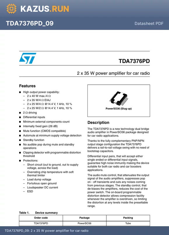 TDA7376PD_09 datasheet - 2 x 35 W power amplifier for car radio