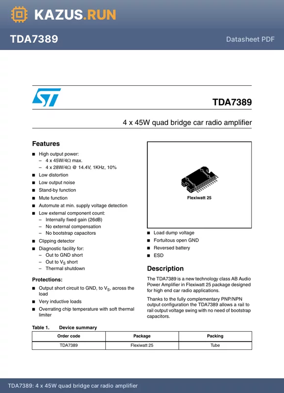 TDA7389 datasheet - 4 x 45W quad bridge car radio amplifier