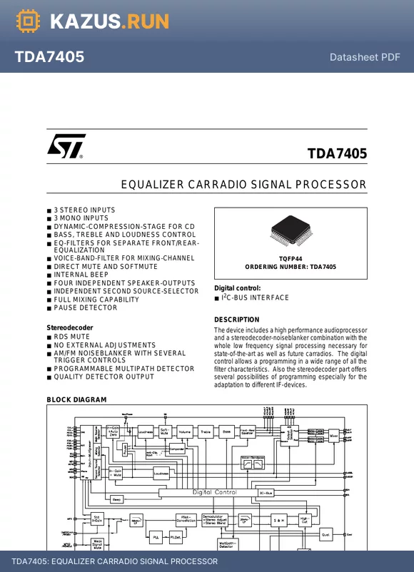 TDA7405 datasheet - EQUALIZER CARRADIO SIGNAL PROCESSOR