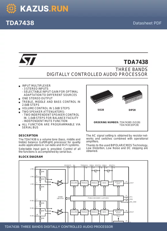 TDA7438D datasheet - THREE BANDS DIGITALLY CONTROLLED AUDIO PROCESSOR