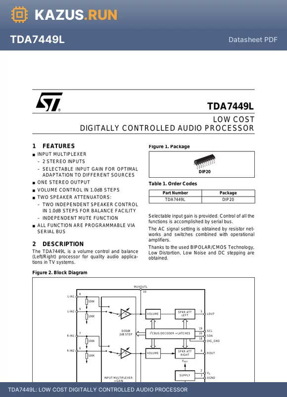 TDA7449L datasheet - LOW COST DIGITALLY CONTROLLED AUDIO PROCESSOR