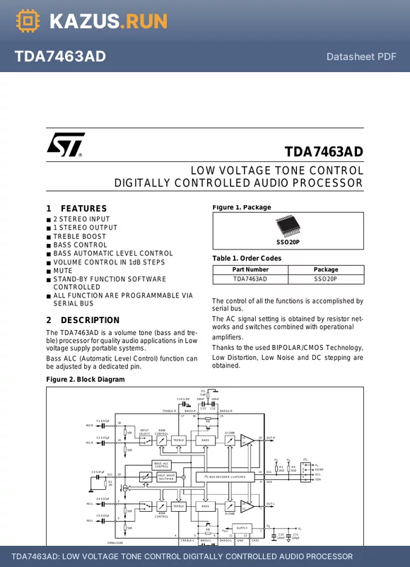 TDA7463A datasheet - LOW VOLTAGE TONE CONTROL DIGITALLY CONTROLLED AUDIO PROCESSOR