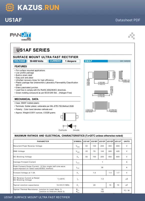 US1AF datasheet - SURFACE MOUNT ULTRA FAST RECTIFIER