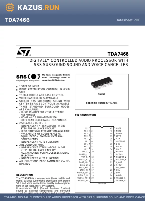 TDA7466 datasheet - DIGITALLY CONTROLLED AUDIO PROCESSOR WITH SRS SURROUND SOUND AND VOICE CANCELLER