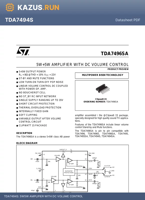 TDA7494SA datasheet - 5W5W AMPLIFIER WITH DC VOLUME CONTROL
