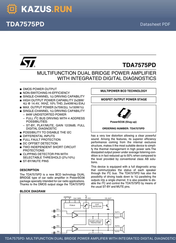 TDA7575PD datasheet - MULTIFUNCTION DUAL BRIDGE POWER AMPLIFIER WITH INTEGRATED DIGITAL DIAGNOSTICS
