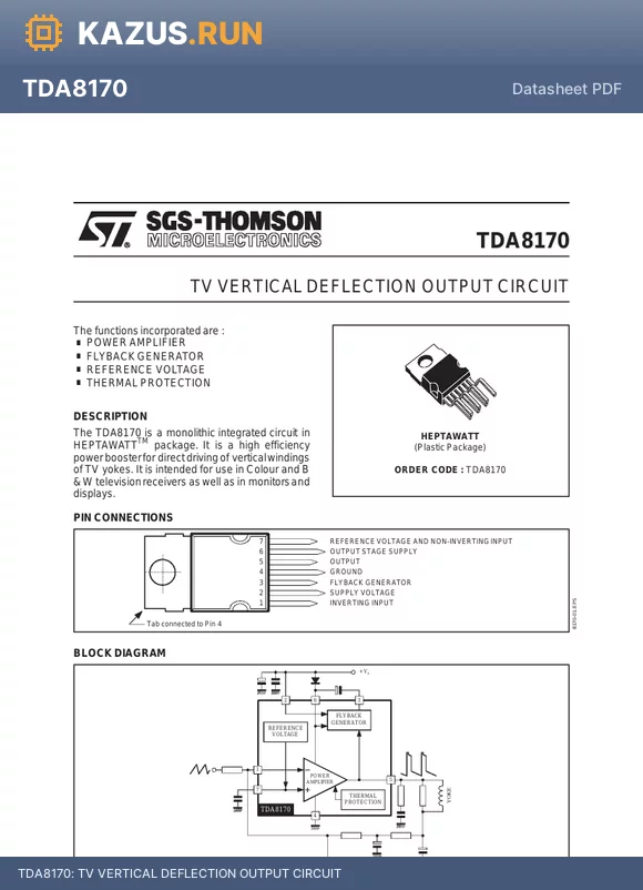 TDA8170 datasheet - TV VERTICAL DEFLECTION OUTPUT CIRCUIT