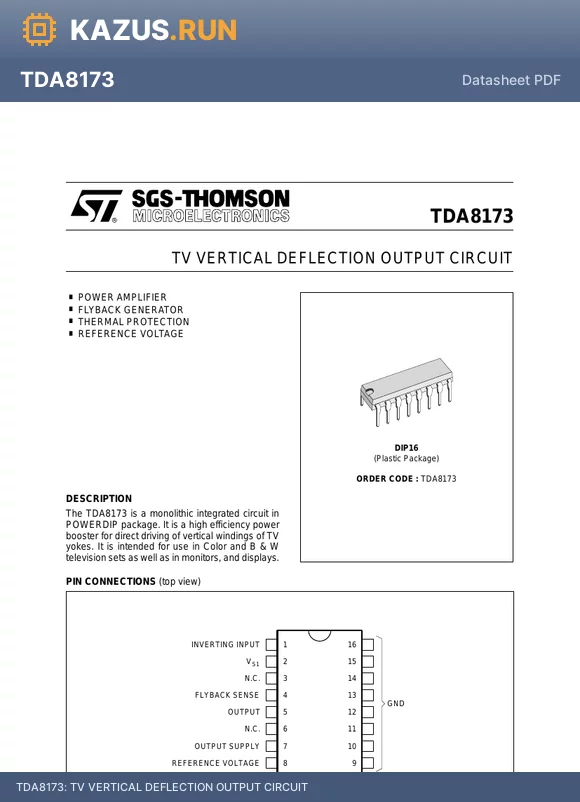 TDA8173 datasheet - TV VERTICAL DEFLECTION OUTPUT CIRCUIT