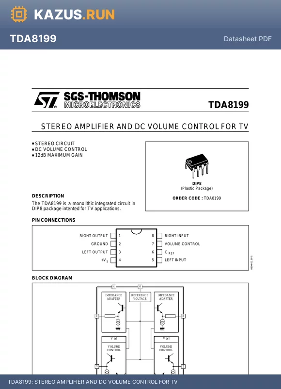 TDA8199 datasheet - STEREO AMPLIFIER AND DC VOLUME CONTROL FOR TV