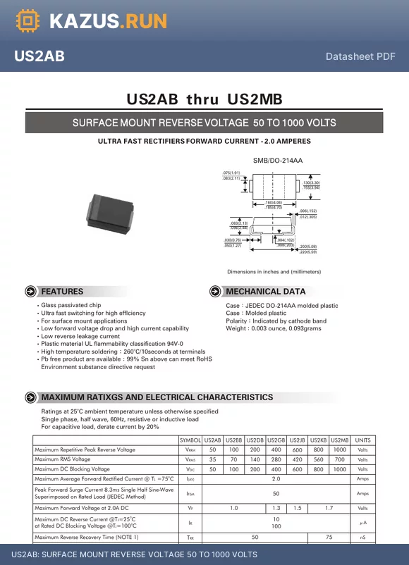 US2AB datasheet - SURFACE MOUNT REVERSE VOLTAGE 50 TO 1000 VOLTS