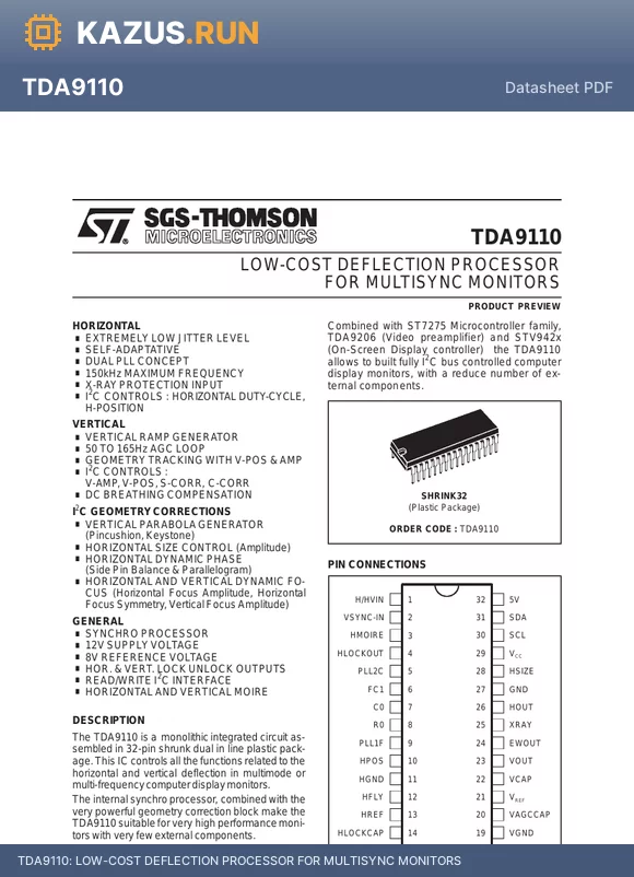 TDA9110 datasheet - LOW-COST DEFLECTION PROCESSOR FOR MULTISYNC MONITORS