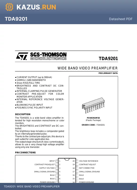 TDA9201 datasheet - WIDE BAND VIDEO PREAMPLIFIER