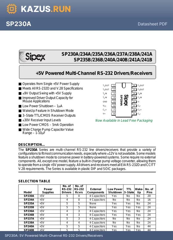 SP236ACT datasheet - 5V Powered Multi-Channel RS-232 Drivers/Receivers
