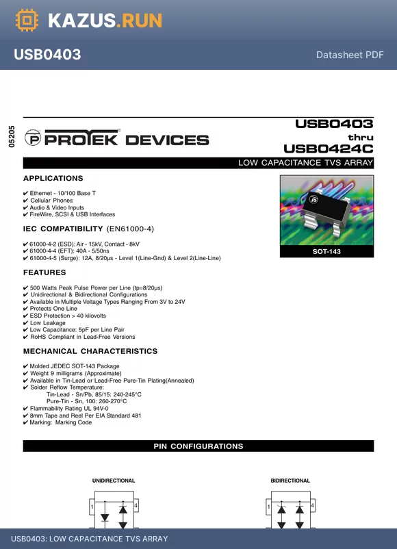 USB0403-T13 datasheet - LOW CAPACITANCE TVS ARRAY