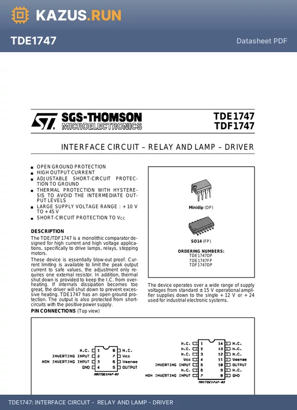 TDF1747DP datasheet - INTERFACE CIRCUIT -  RELAY AND LAMP - DRIVER