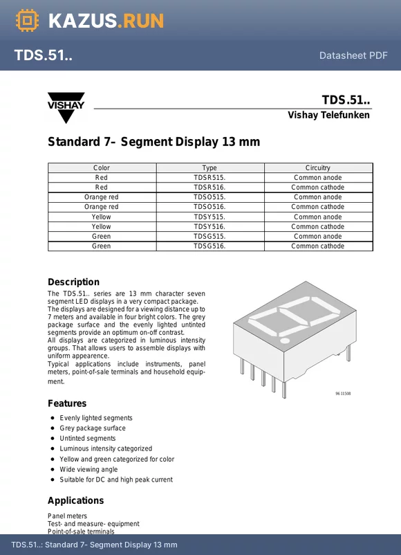TDSR515. datasheet - Standard 7- Segment Display 13 mm