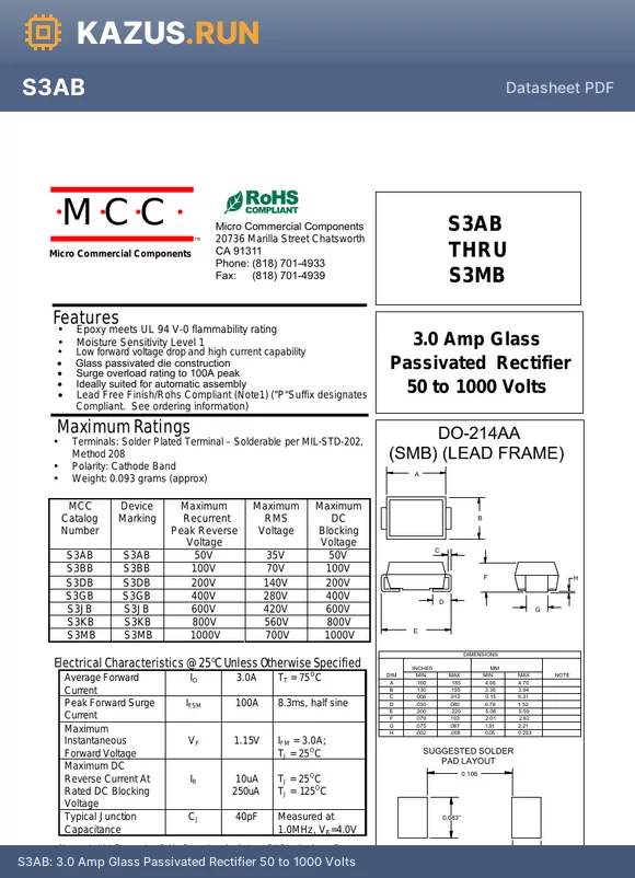 S3JB datasheet - 3.0 Amp Glass Passivated Rectifier 50 to 1000 Volts