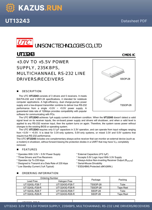 UT13243G-R28-R datasheet - 3.0V TO 5.5V POWER SUPPLY, 235KBPS, MULTICHANNAEL RS-232 LINE DRIVERS/RECEIVERS
