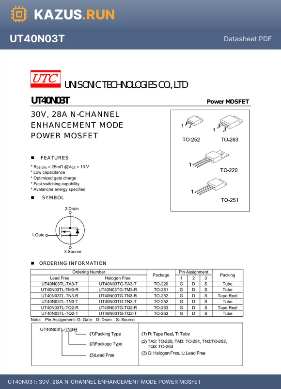 UT40N03TL-TN3-R datasheet - 30V, 28A N-CHANNEL ENHANCEMENT MODE POWER MOSFET