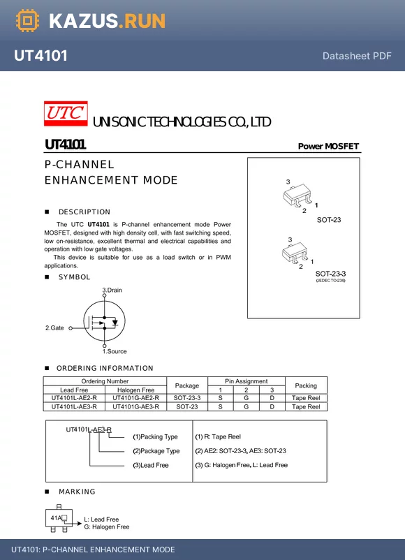 UT4101L-AE3-R datasheet - P-CHANNEL ENHANCEMENT MODE