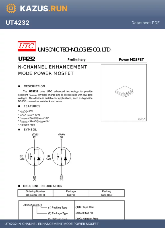 UT4232G-S08-R datasheet - N-CHANNEL ENHANCEMENT MODE POWER MOSFET