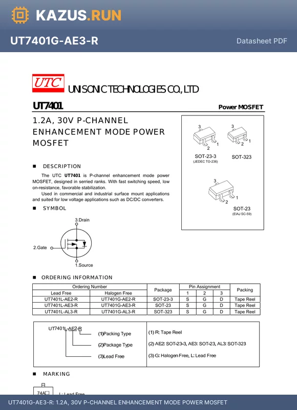 UT7401L-AE3-R datasheet - 1.2A, 30V P-CHANNEL ENHANCEMENT MODE POWER MOSFET