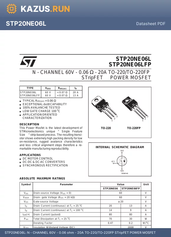 STP20NE06L datasheet - N - CHANNEL 60V - 0.06 ohm - 20A TO-220/TO-220FP STripFET POWER MOSFET
