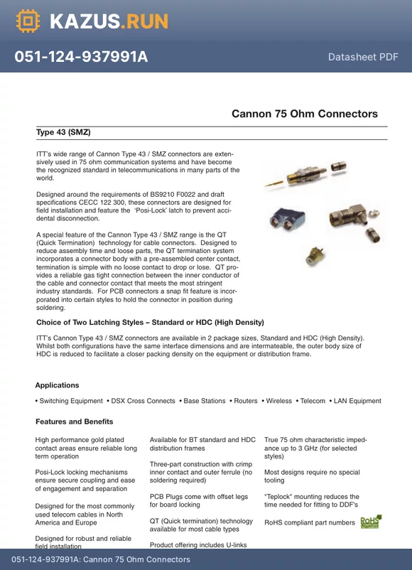 W51-124-960991A datasheet - Cannon 75 Ohm Connectors