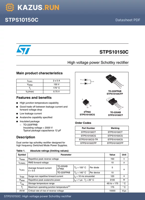 STPS10150CT datasheet - High voltage power Schottky rectifier