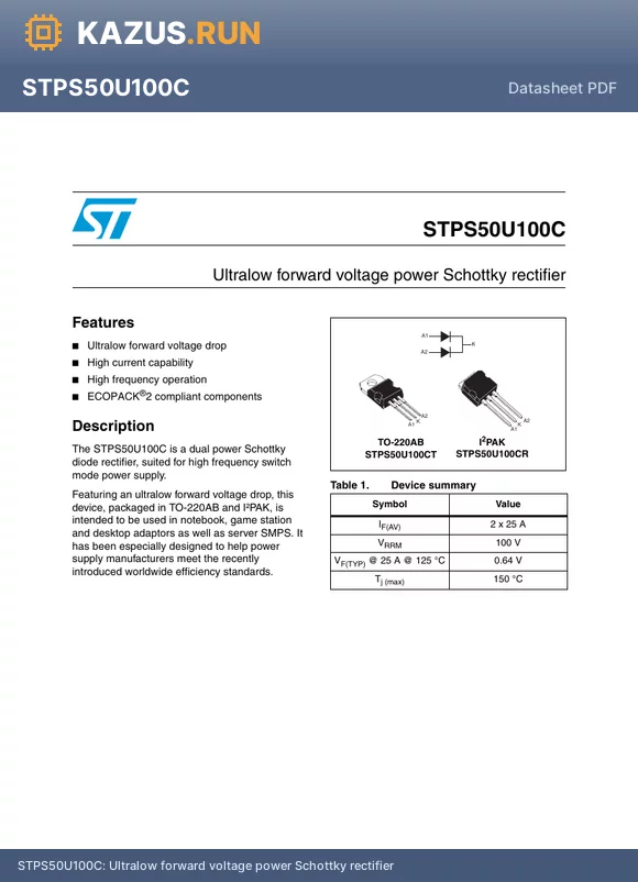 STPS50U100CT datasheet - Ultralow forward voltage power Schottky rectifier
