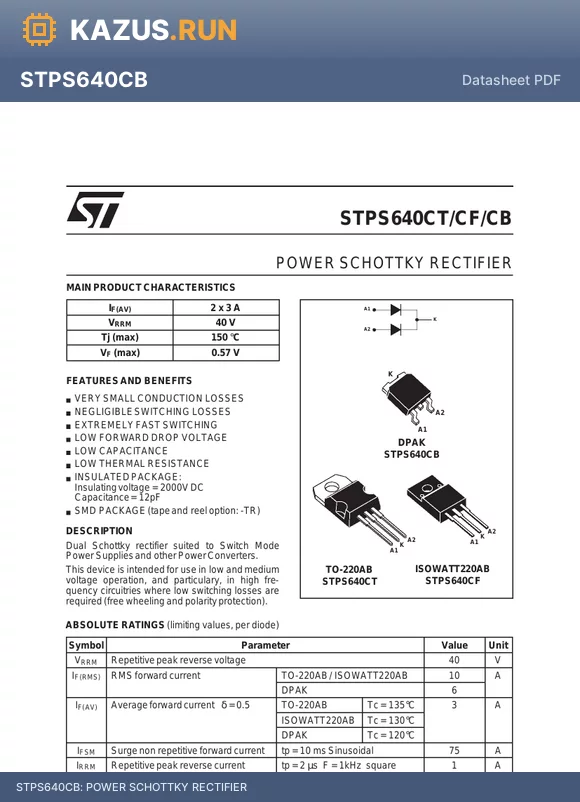 STPS640CB datasheet - POWER SCHOTTKY RECTIFIER