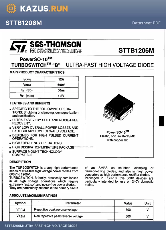 STTB1206M datasheet - UTRA-FAST HIGH VOLTAGE DIODE