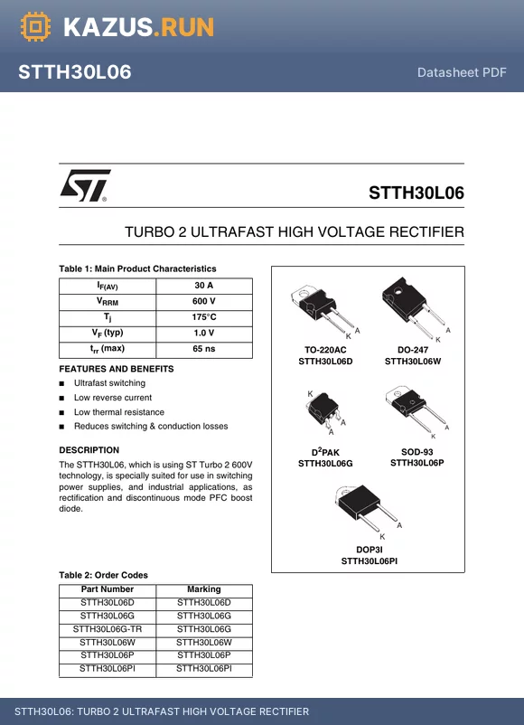 STTH30L06G datasheet - TURBO 2 ULTRAFAST HIGH VOLTAGE RECTIFIER
