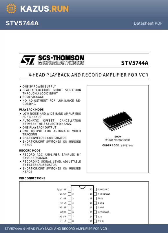 STV5744A datasheet - 4-HEAD PLAYBACK AND RECORD AMPLIFIER FOR VCR