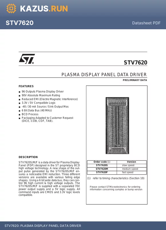 STV7620 datasheet - PLASMA DISPLAY PANEL DATA DRIVER