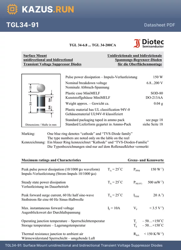 TGL34-100 datasheet - Surface Mount unidirectional and bidirectional Transient Voltage Suppressor Diodes