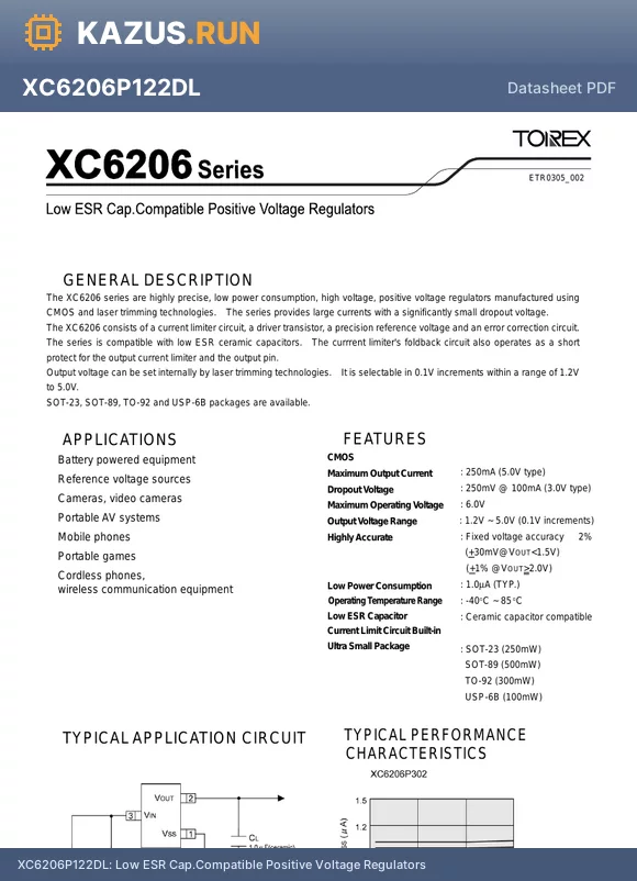 XC6206P162TB datasheet - Low ESR Cap.Compatible Positive Voltage Regulators