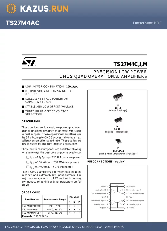 TS27M4AM datasheet - PRECISION LOW POWER CMOS QUAD OPERATIONAL AMPLIFIERS