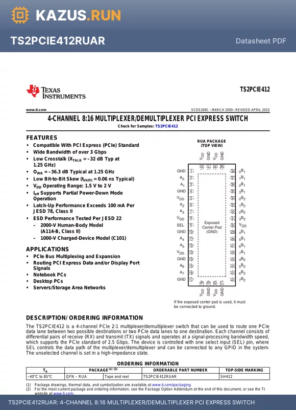 TS2PCIE412RUAR datasheet - 4-CHANNEL 8:16 MULTIPLEXER/DEMULTIPLEXER PCI EXPRESS SWITCH